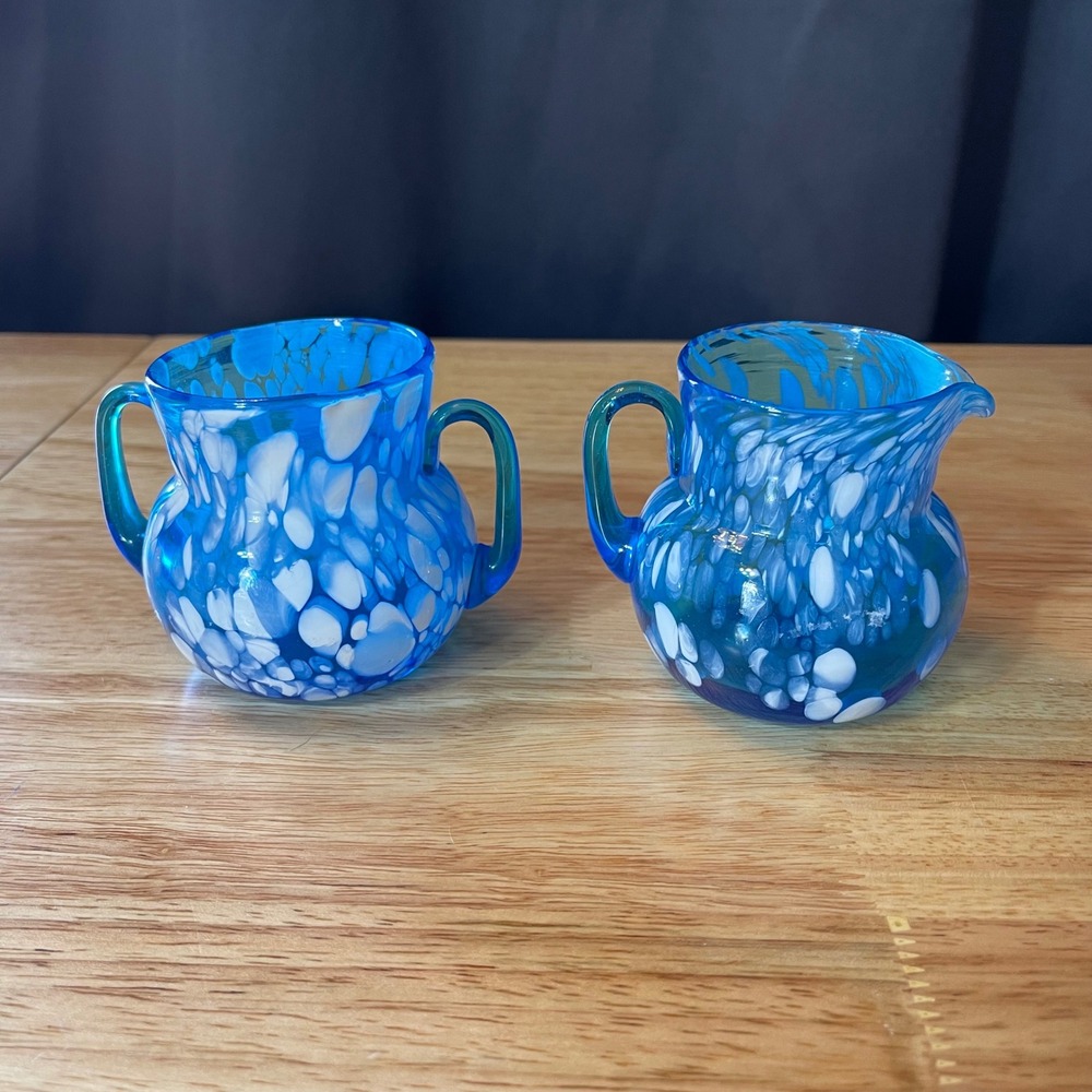VTG Rainbow Glass Huntington WV Blue White Spatter Creamer Sugar Bowl Hand Blown